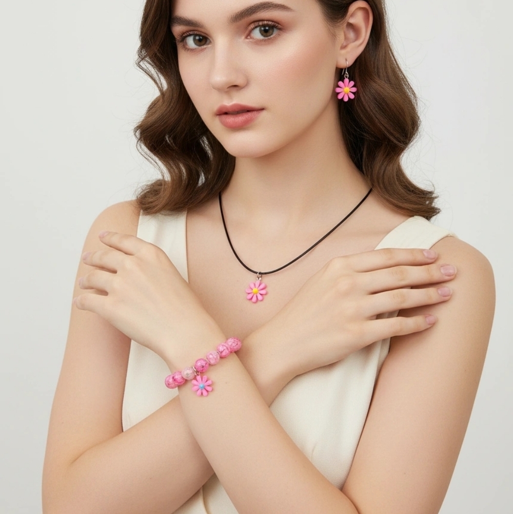 Hand Crafted Pink Flower Jewelry Set